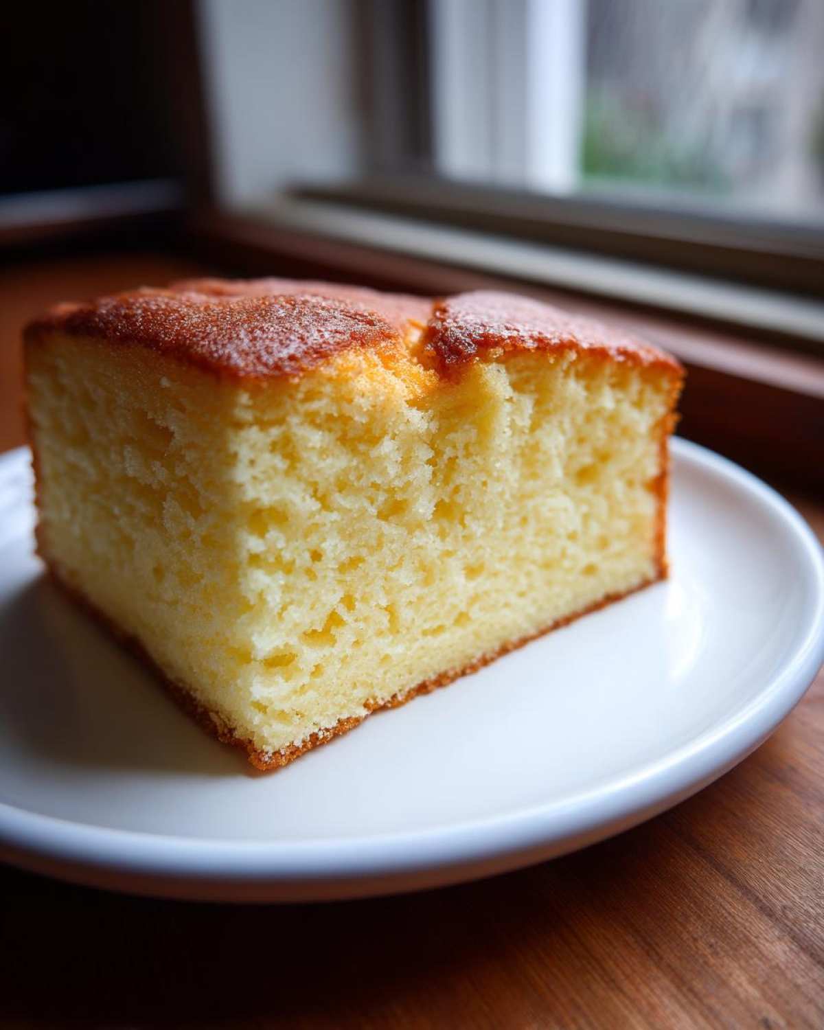 Close-up of a moist, golden slice of condensed milk cake on a white plate.