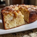 A slice cut from a moist Swedish apple cake, showing soft texture and baked apple pieces inside.
