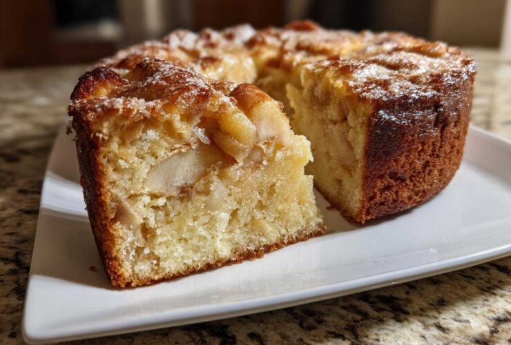 A slice cut from a moist Swedish apple cake, showing soft texture and baked apple pieces inside.