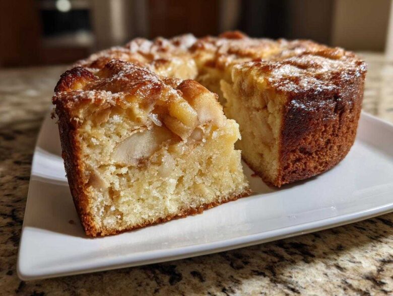 A slice cut from a moist Swedish apple cake, showing soft texture and baked apple pieces inside.
