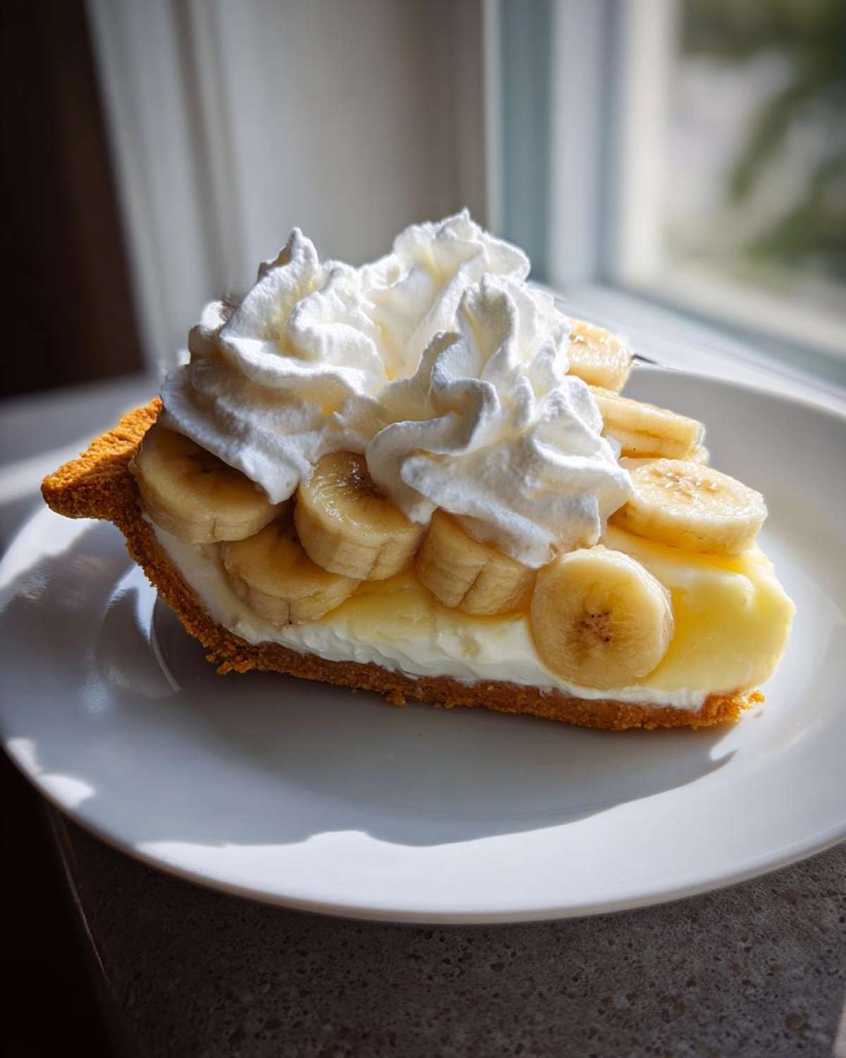 A close-up of a slice of no bake banana cream pie featuring a graham cracker crust, creamy filling, banana slices, and a dollop of whipped cream.