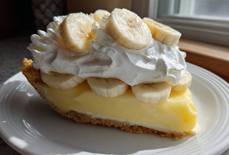 A generous slice of no bake banana cream pie featuring a graham cracker crust, thick vanilla filling, and topped with whipped cream and fresh banana slices.