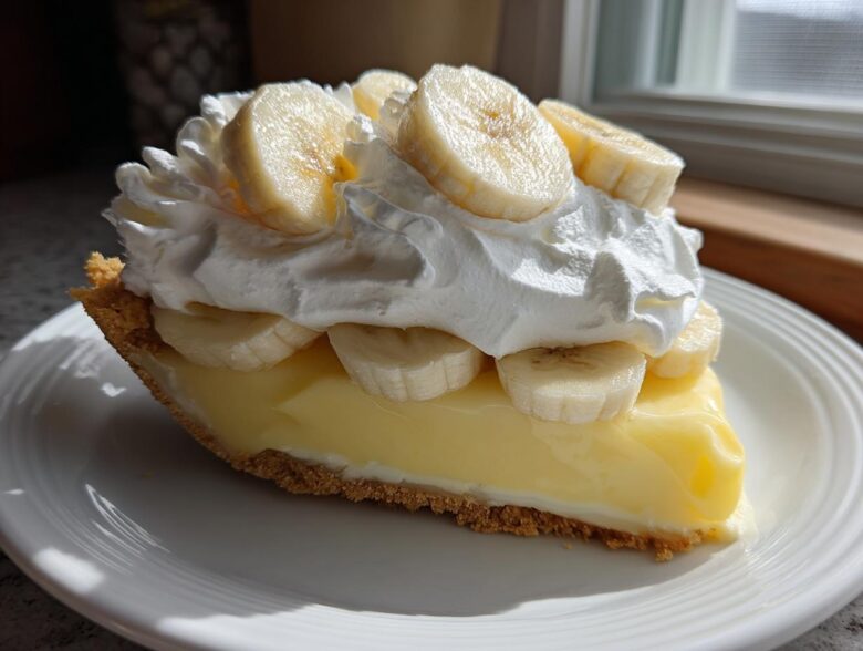 A generous slice of no bake banana cream pie featuring a graham cracker crust, thick vanilla filling, and topped with whipped cream and fresh banana slices.