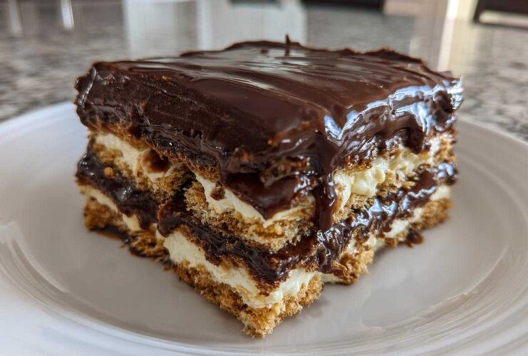 A close-up of a layered slice of no-bake chocolate eclair cake with creamy filling and glossy chocolate topping.