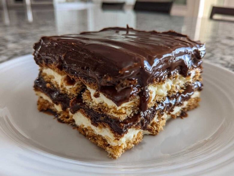 A close-up of a layered slice of no-bake chocolate eclair cake with creamy filling and glossy chocolate topping.