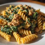Close-up of creamy ground turkey pasta mixed with wilted spinach and rotini noodles on a white plate.