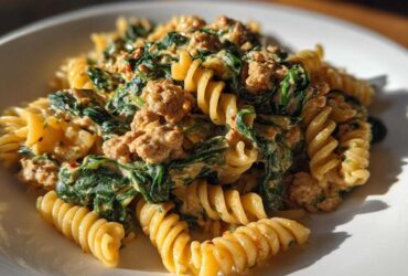 Close-up of creamy ground turkey pasta mixed with wilted spinach and rotini noodles on a white plate.