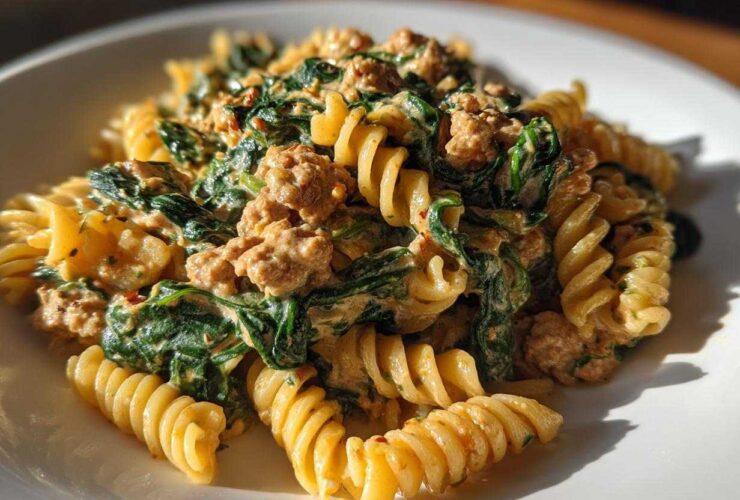 Close-up of creamy ground turkey pasta mixed with wilted spinach and rotini noodles on a white plate.