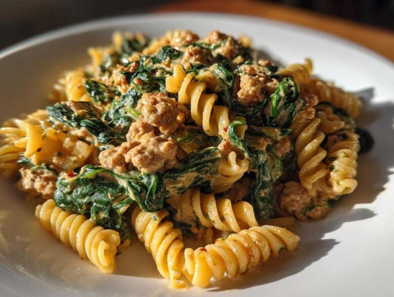 Close-up of creamy ground turkey pasta mixed with wilted spinach and rotini noodles on a white plate.