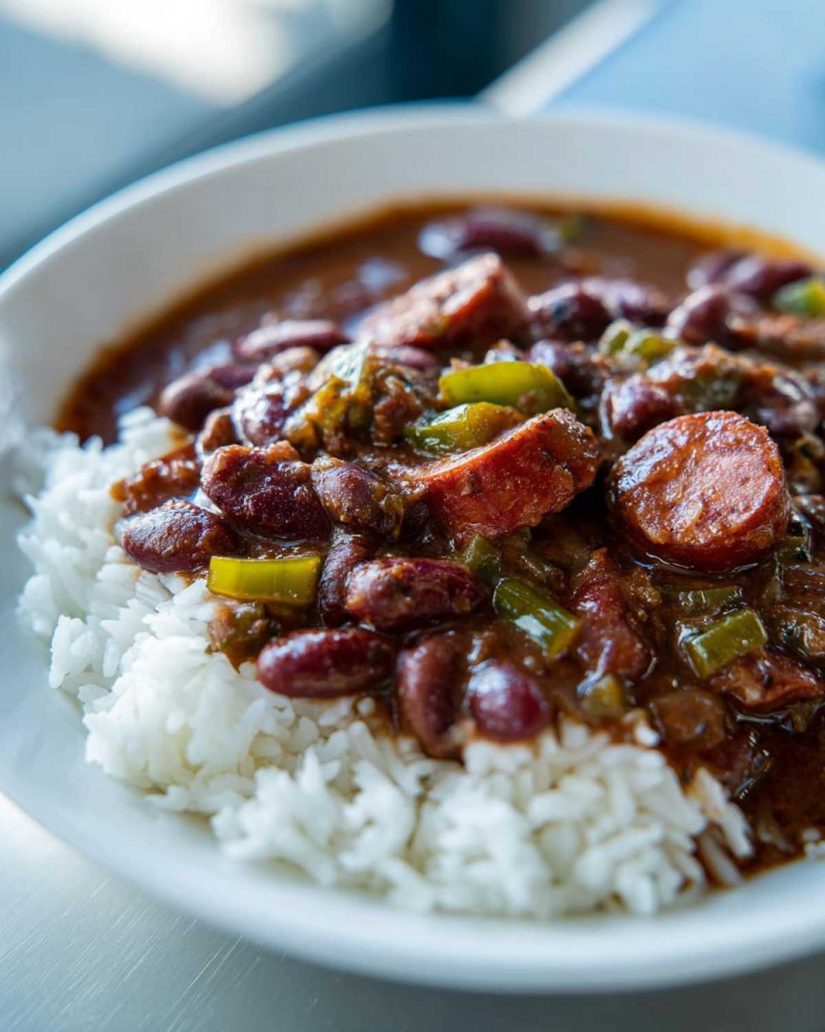 Close-up of hearty red beans and rice topped with sliced sausage and green peppers.