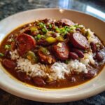 Close-up of a hearty bowl of red beans and rice topped with sliced sausage and green onions.