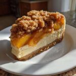 A perfect slice of peach cobbler cheesecake on a white plate, featuring a graham cracker crust and peach topping.