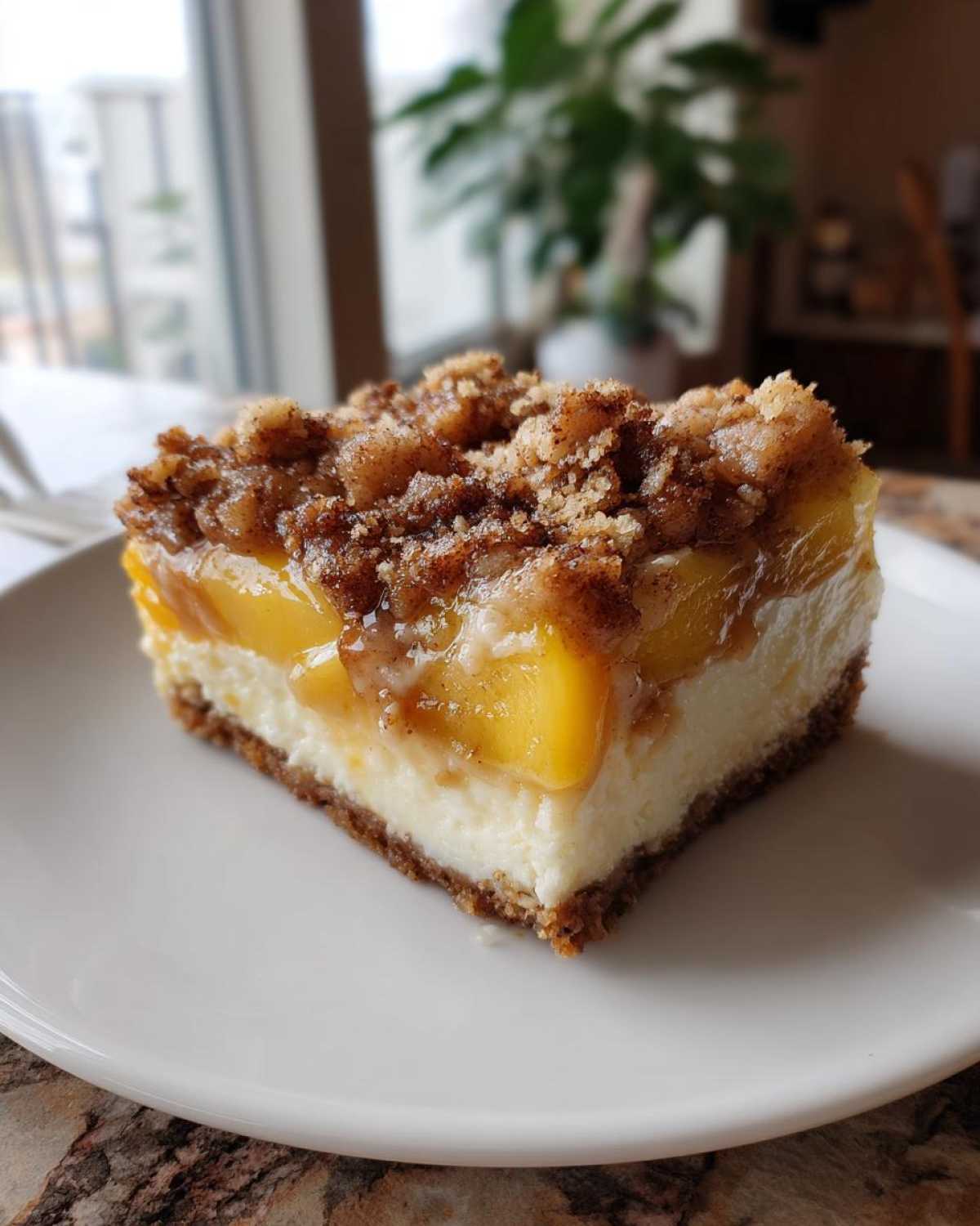 A perfect square slice of peach cobbler cheesecake with a graham cracker crust, creamy filling, and cinnamon crumble topping.