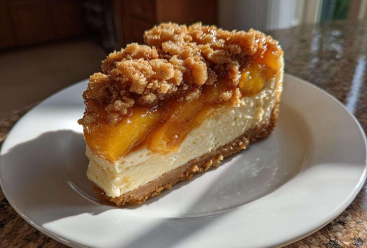 A perfect slice of peach cobbler cheesecake on a white plate, featuring a graham cracker crust and peach topping.