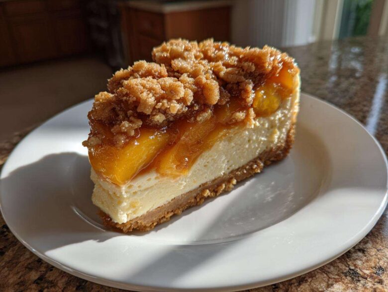 A perfect slice of peach cobbler cheesecake on a white plate, featuring a graham cracker crust and peach topping.