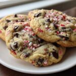 A stack of three soft peppermint chocolate chip cookies topped with crushed candy canes on a white plate.