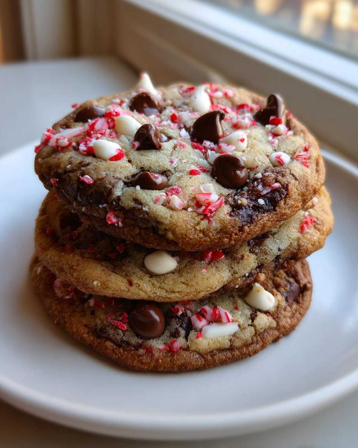 A stack of three gooey peppermint chocolate chip cookies topped with dark chocolate chips and crushed candy canes.
