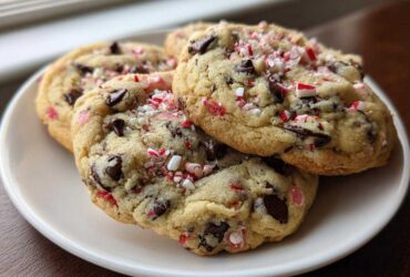 A stack of three soft peppermint chocolate chip cookies topped with crushed candy canes on a white plate.