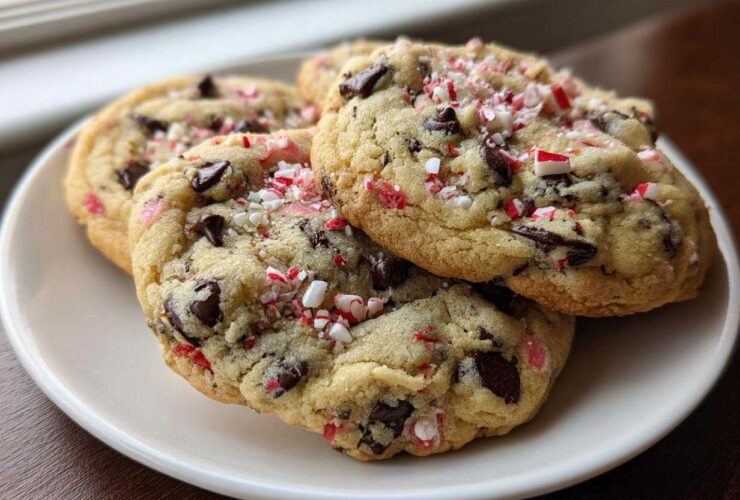 A stack of three soft peppermint chocolate chip cookies topped with crushed candy canes on a white plate.