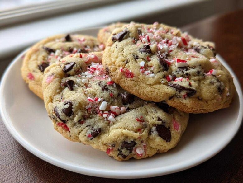 A stack of three soft peppermint chocolate chip cookies topped with crushed candy canes on a white plate.