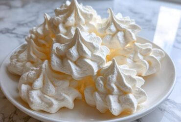A close-up of several light, white, piped meringue cookies stacked on a white plate.