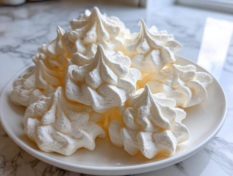 A close-up of several light, white, piped meringue cookies stacked on a white plate.