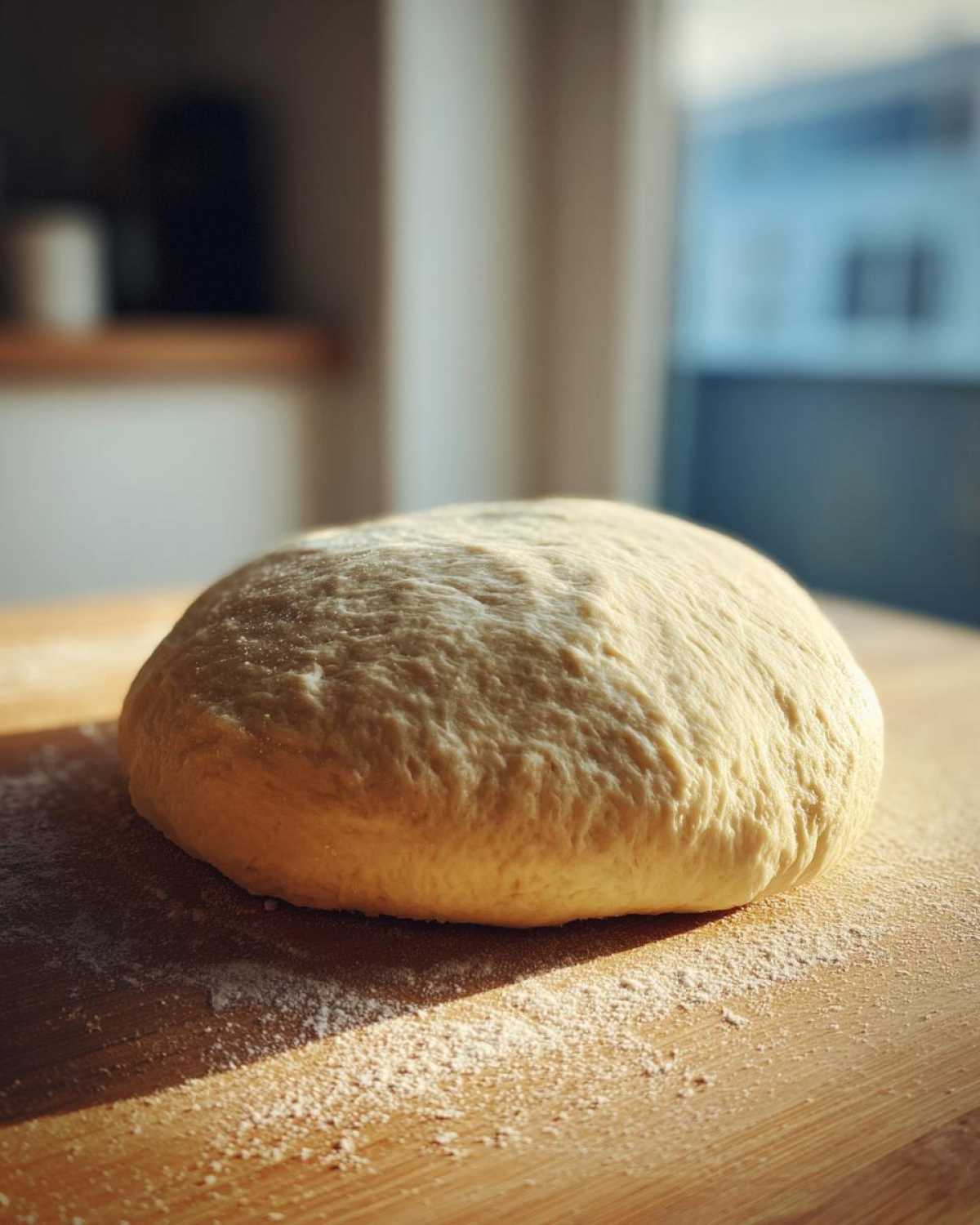 A smooth, proofed ball of pizza dough resting on a floured wooden surface, ready for shaping.