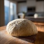 A smooth, round ball of risen pizza dough resting on a floured wooden surface.