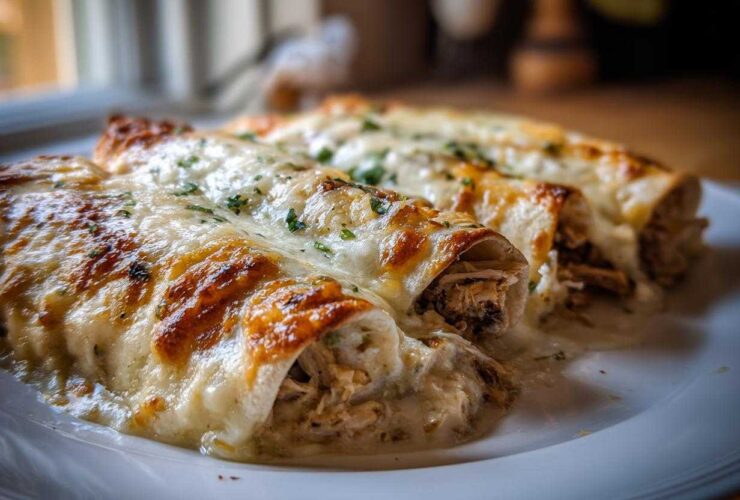 Close-up of three baked white chicken enchiladas covered in melted, slightly browned cheese and parsley.