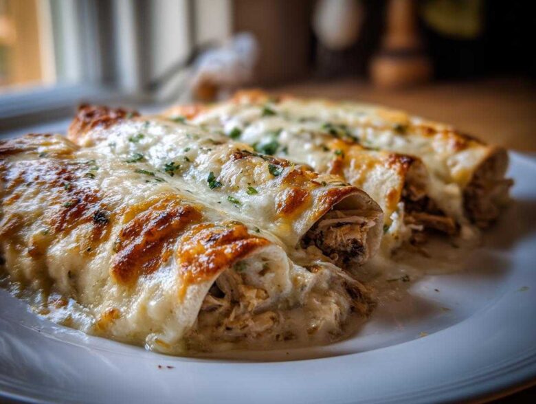 Close-up of three baked white chicken enchiladas covered in melted, slightly browned cheese and parsley.