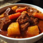 Close-up of tender beef chunks, carrots, and potatoes in a rich, savory sauce of delicious crockpot beef stew.