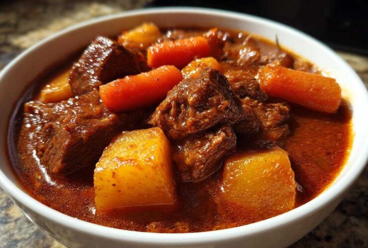 Close-up of tender beef chunks, carrots, and potatoes in a rich, savory sauce of delicious crockpot beef stew.