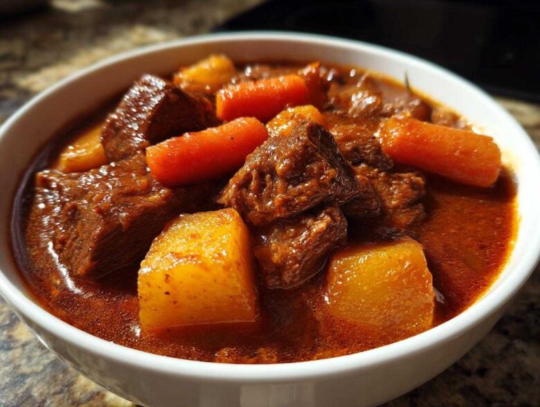 Close-up of tender beef chunks, carrots, and potatoes in a rich, savory sauce of delicious crockpot beef stew.