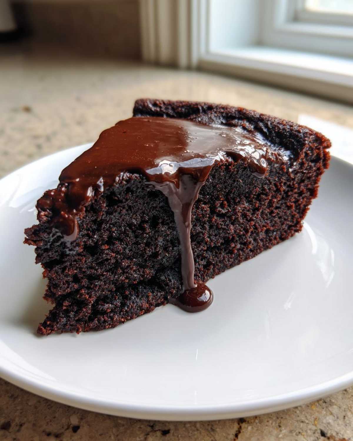 A decadent slice of flourless chocolate cake topped with rich, dripping chocolate ganache on a white plate.