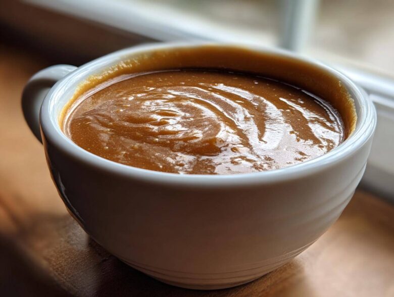 Close-up of thick, rich turkey gravy with swirls in a white ceramic mug, set near a window.