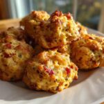 A pile of freshly baked rotel cream cheese sausage balls with visible red peppers and herbs on a white plate.