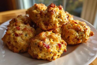 A pile of freshly baked rotel cream cheese sausage balls with visible red peppers and herbs on a white plate.