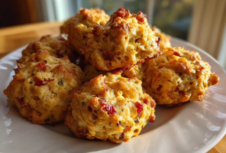 A pile of freshly baked rotel cream cheese sausage balls with visible red peppers and herbs on a white plate.