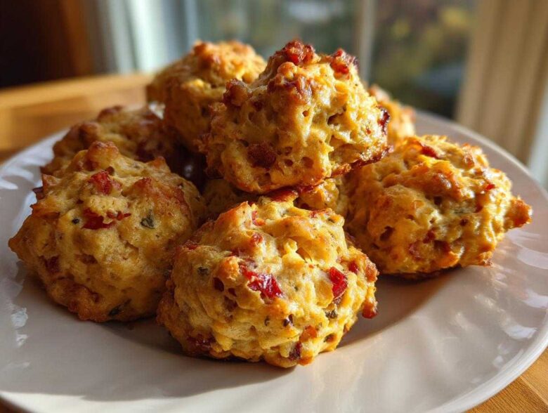 A pile of freshly baked rotel cream cheese sausage balls with visible red peppers and herbs on a white plate.