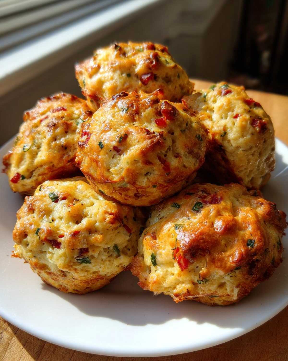 A stack of golden-brown rotel cream cheese sausage balls with visible red pepper and green herbs on a white plate.