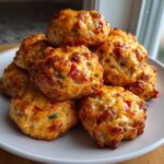 A stack of golden-brown rotel cream cheese sausage balls, showing melted cheese and bits of red pepper.