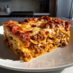 A thick, layered slice of sheet pan lasagna with browned cheese and rich meat sauce, served on a white plate.