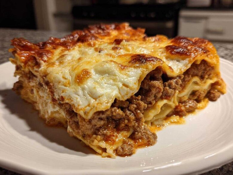 Close-up of a thick, layered slice of sheet pan lasagna with rich meat sauce and bubbly, browned cheese topping.