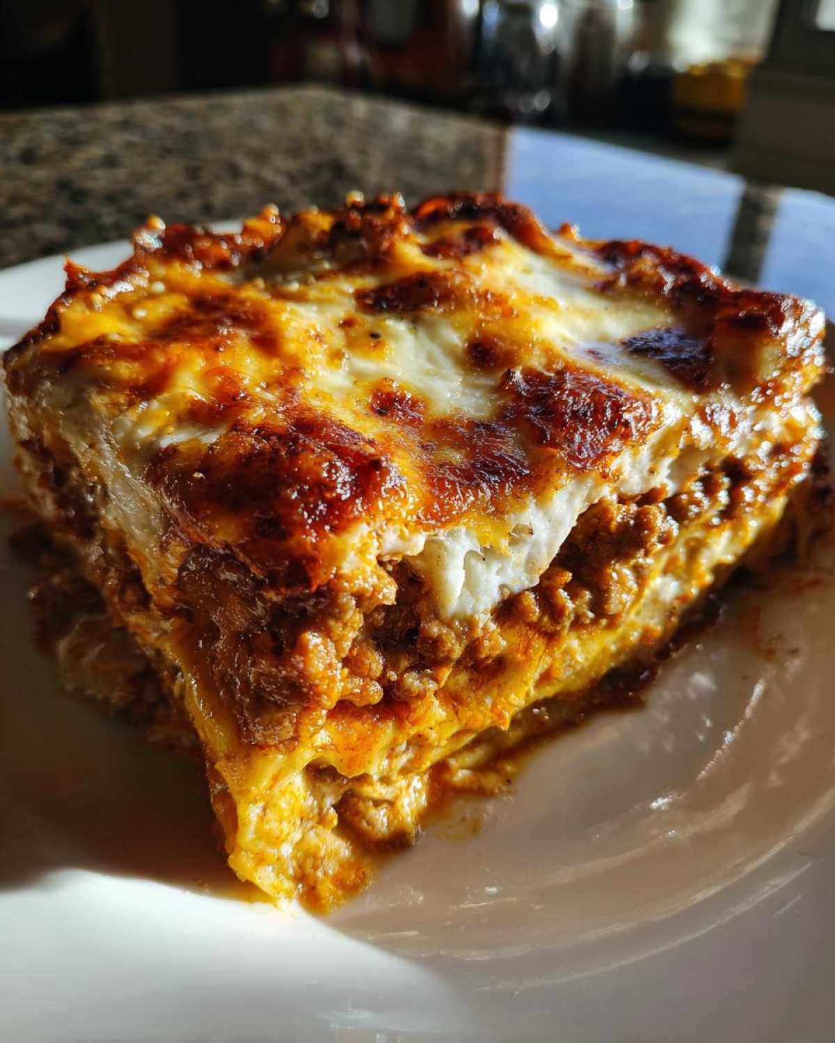 Close-up of a hearty slice of sheet pan lasagna showing layers of meat sauce and melted, browned cheese.