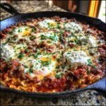 Close-up of a rich skillet lasagna topped with baked eggs, ricotta cheese dollops, and fresh parsley.