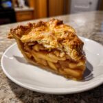 A close-up of a perfect slice of apple pie recipe showing flaky crust and thick, caramelized apple filling.