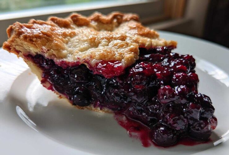 Close-up of a thick slice of blueberry pie recipe with a flaky crust and rich, juicy blueberry filling.