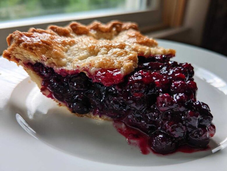 Close-up of a thick slice of blueberry pie recipe with a flaky crust and rich, juicy blueberry filling.