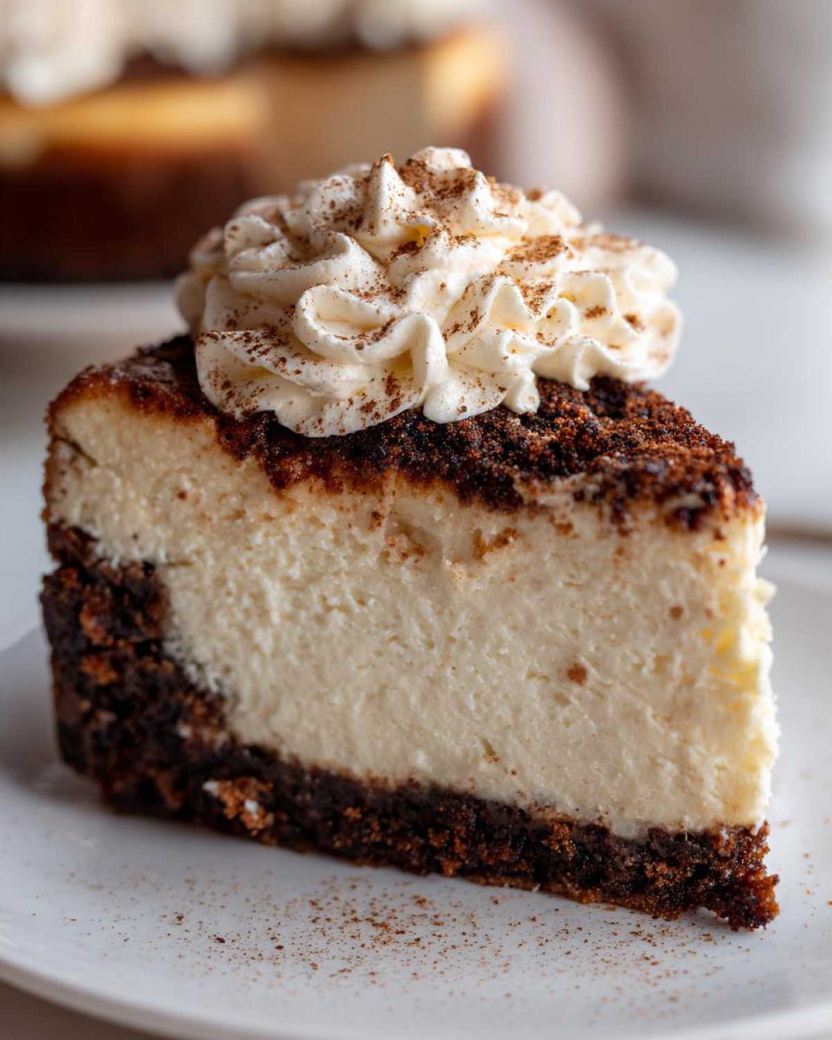 Close-up of a rich slice of eggnog cheesecake recipe with a dark crust and topped with whipped cream and nutmeg.