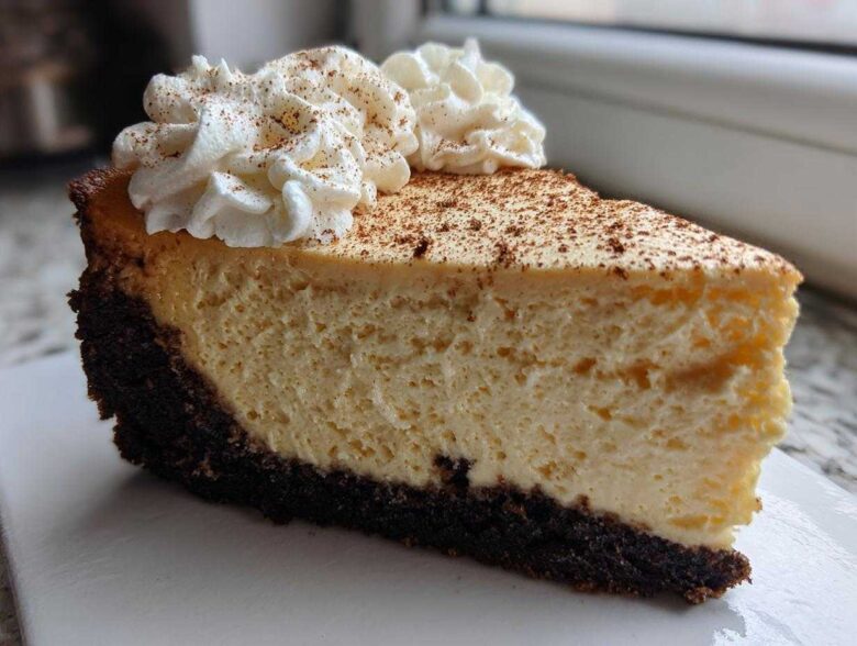 A close-up of a rich slice of eggnog cheesecake recipe with a dark crust, topped with whipped cream and cinnamon.